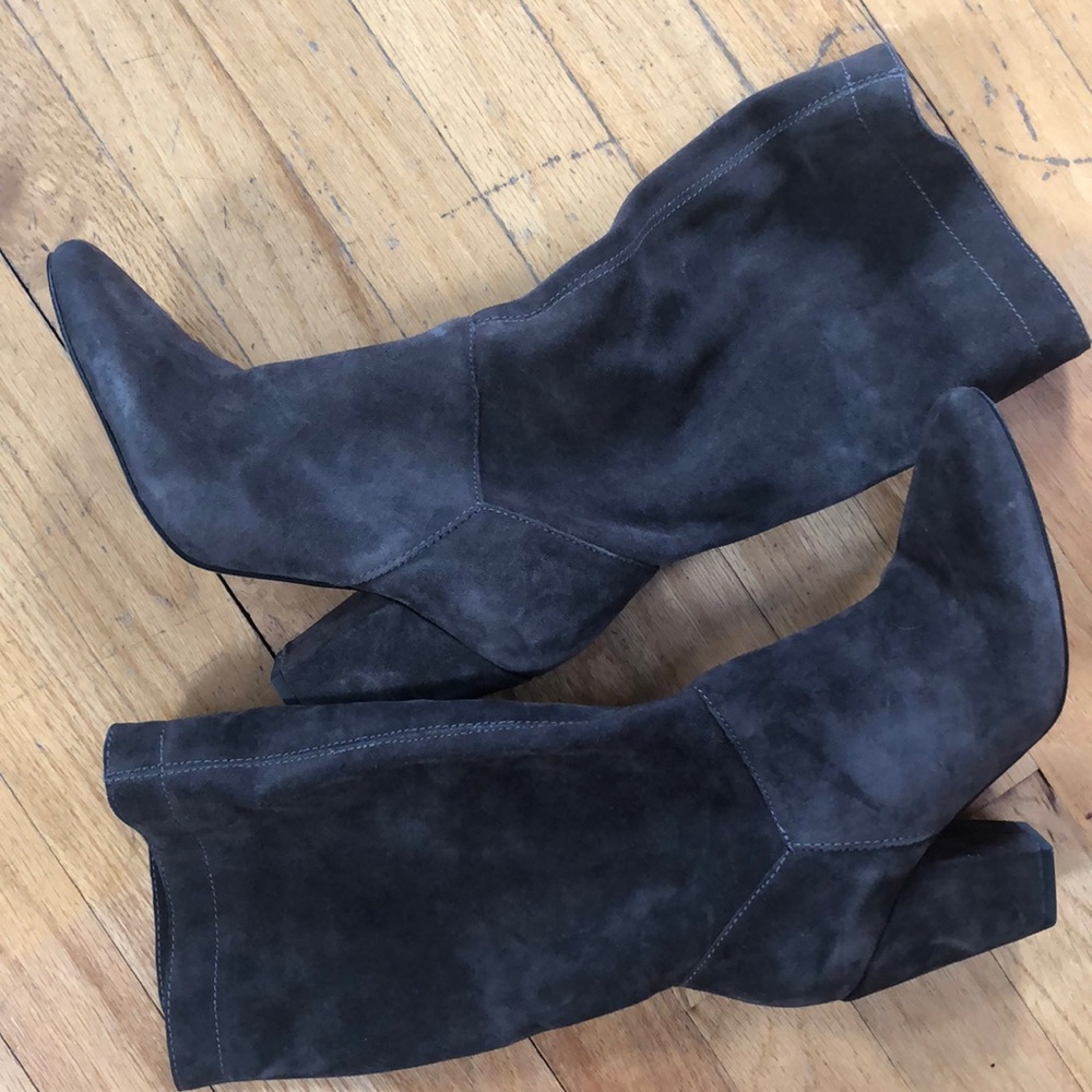 1.State slouchy suede grey mid calf heeled boots